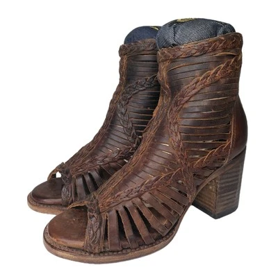 Freebird by Steven Bela Heeled Cage Sandals Boots Brown Leather Sz 7 Distressed - Image 1 of 4