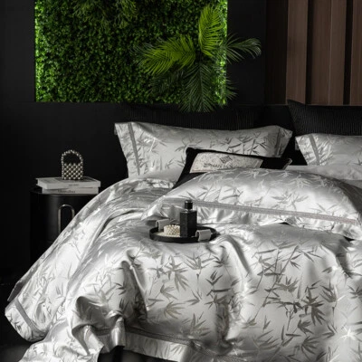 Yarn-dyed Jacquard Bedding Set 4pcs Quilt Cover Flat Sheet 2 Pillowcases Bamboo - Image 1 of 4