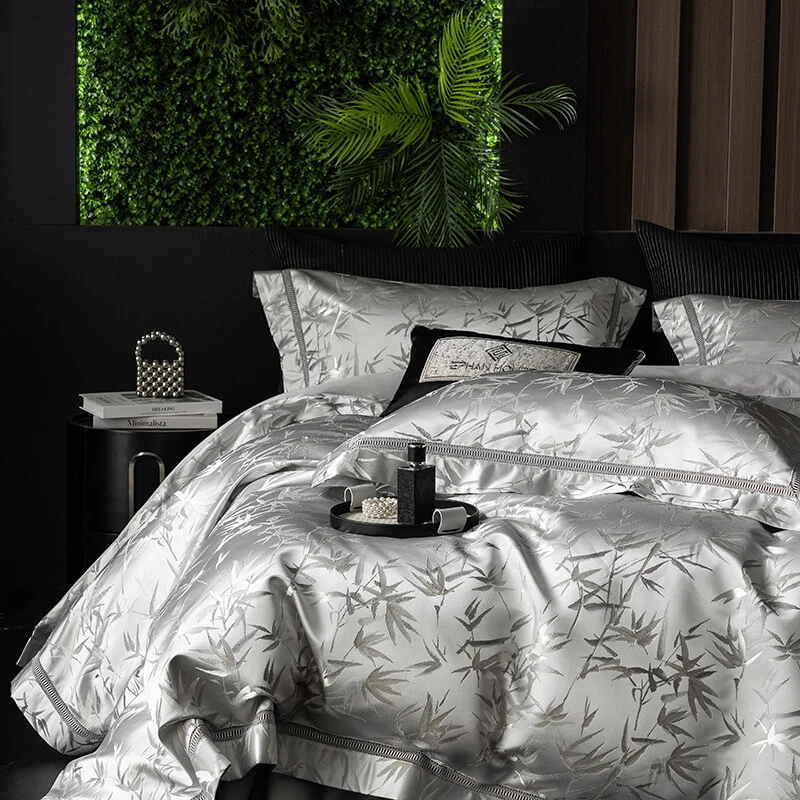 Yarn-dyed Jacquard Bedding Set 4pcs Quilt Cover Flat Sheet 2 Pillowcases Bamboo - Image 1 of 4