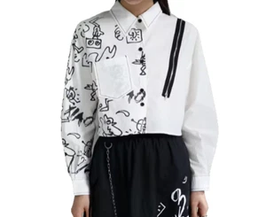 Dark Wind Graffiti Printed Shirt Women Irregular Medium Length Top White - Bild 1 von 2