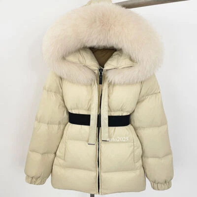 Winter Hooded Down Jacket Women's Mid Long Real Fox Fur Collar Warm Coat Outwear - Image 1 of 4
