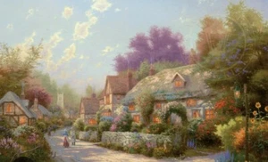 Thomas Kinkade COBBLESTONE VILLAGE 19x15 Art Print 2003 Framed - Picture 1 of 6