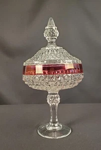 Indiana Glass Ruby Red Trim Pedestal Candy Trinket Dish Diamond Lid Vintage - Picture 1 of 6