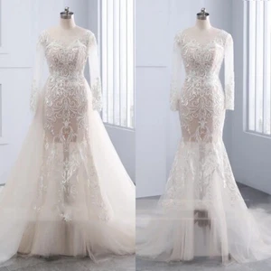Detachable Train Wedding Dresses Mermaid Champagne Long Sleeves Bridal Gowns - Picture 1 of 11