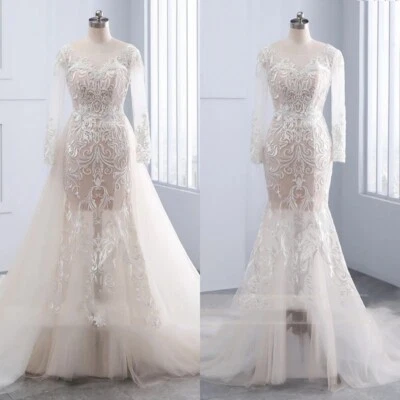 Detachable Train Wedding Dresses Mermaid  Champagne Long Sleeves Bridal Gowns - Image 1 of 4
