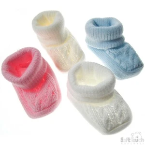 Traditional New Baby Knitted Booties Cable Cream White Pink Blue Soft Touch Gift - Picture 1 of 3