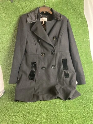 BCBGeneration Women's Long Black Velvet Collared Button Up Pea Coat Size LG - Image 1 of 4