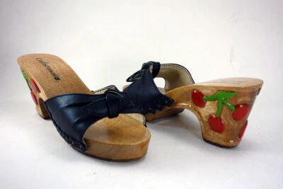 Size 5, 3 inch Hand Carved Wooden Cherry Sandals with Black Leather Straps, Reg. - Image 1 of 4