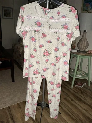 Joan Vass размер M розовый Rose Dot 2 ПК печати пижамы розничной $59 кружева ленты комплект новый - Изображение 1 из 4