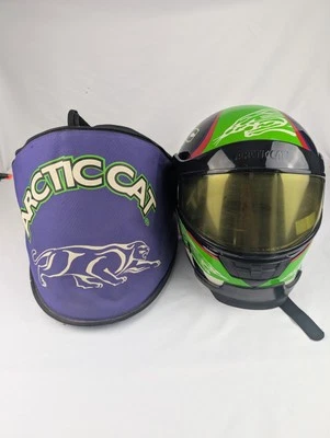 Size S Team Arctic Cat Snowmobile Racing Helmet With Cover Case Green 90s - Image 1 of 4