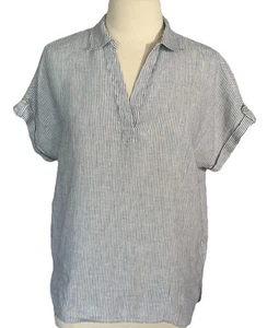 Rachel Roy M Blouse  Top 100% Linen Cap Sleeve Popover Blue/White Stripe Coastal - Picture 1 of 10