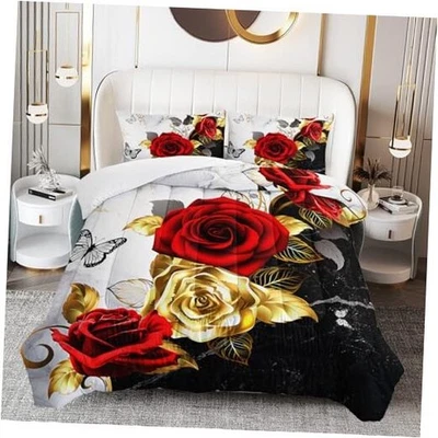 Juego de edredón rosas rojas y doradas para niñas niños talla, 3 piezas negro doble 005 Foto 1 de 4