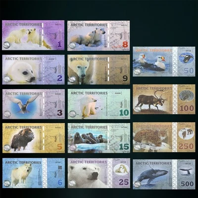 Juego de 14 billetes de los Territorios Árticos animales polares 1-500 dólares UNC serie de coleccionista Foto 1 de 4
