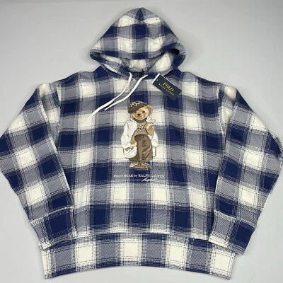 Polo Ralph Lauren Women's Medium Polo Bear Plaid Blue/White Hoodie Sweatshirt - Image 1 of 4