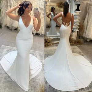Sexy Mermaid Wedding Dress Deep V Neck Backless Sweep Train Satin Bridal Gown - Picture 1 of 10