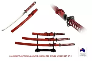 40” Red Wood Carving Dragon Japanese Samurai Katana 3 Swords Set with Free Stand - Picture 1 of 9