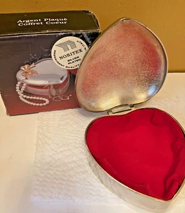 Noritex Jewelry Box with Gold Bow Silverplated Heart Shape Trinket 4"W Italy NEW - Picture 1 of 5