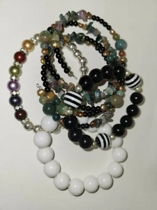 Beaded Stretch Bracelet Bundle - Black, White, Jasper and Metallic - Picture 1 of 7