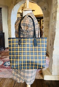 Coach Gingham Plaid check Reversible tote handbag Women Blue NWT RARE - Picture 1 of 8