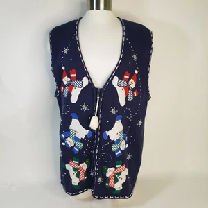 Bobbie Brooks Christmas Sweater Vest Blue Embellished Snowmen Snowflakes Large - Picture 1 of 10