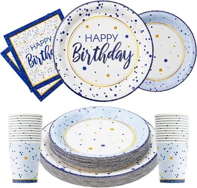 Juego de platos de cumpleaños azul marino y dorado de 249 y 7 pulgadas servilletas y tazas Stur Foto 1 de 3