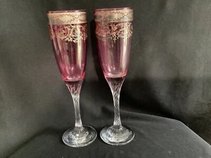 2 Moser Style Boho Czech Cranberry Glasses w/Silver Overlay & Twisted Stems - Picture 1 of 4
