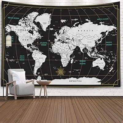  World Map Tapestry Wall Tapestry World 80" L x 60" W Black White 2 - Image 1 of 4