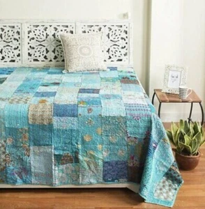 Indian Patchwork Kantha Bedspread Handmade Quilt Throw Silk Blanket Boho Vintag - Picture 1 of 4