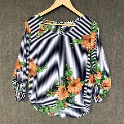 Lily White Shirt Womens Medium Blue Blouse Top Tunic Floral Hibiscus Roll Tab - Image 1 of 4