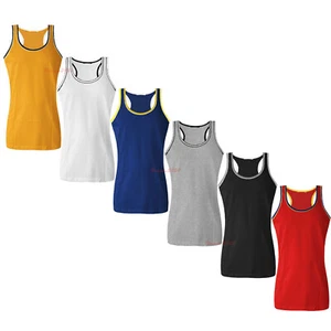 MENS MUSCLE TOPS COTTON SLEEVELESS GYM FITNESS SPORTS COLOUR TRIM BEACH VEST - Picture 1 of 8