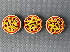 LEGO Pizza 2x2 Round Tan Tile Cheese Pepperoni Black Olives Green Peppers (x3) - Picture 1 of 8