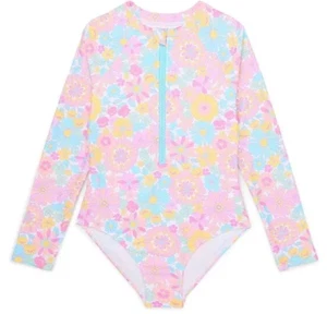 Long Sleeve Zip Up Floral Rashguard 1 Piece Swimsuit GIRLS SIZE 7-8 UPF 50+ NEW - Picture 1 of 5