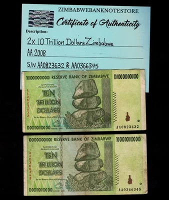 2 x 10 万亿津巴布韦元钞票 AA 2008 正品 AA0823632,AA0366345 — 第 1/3 张图片