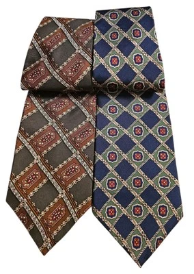 De Colección Oscar De La Renta Corbata de Seda Cuadros Flor De Lis Conjunto De 2 EE. UU. Clásico Preppy  Foto 1 de 4