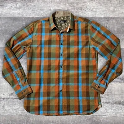 Bachrach Platinum Long Sleeve Button Down Shirt Mens S Orange Blue Check Cotton - Image 1 of 4