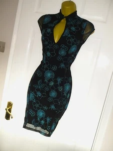 Jane Norman black blue glitter oriental pencil wiggle bodycon party dress sz 14 - Picture 1 of 6