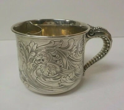 Taza bigote Gorham vintage de plata esterlina, decoración Phoenix en relieve Foto 1 de 4