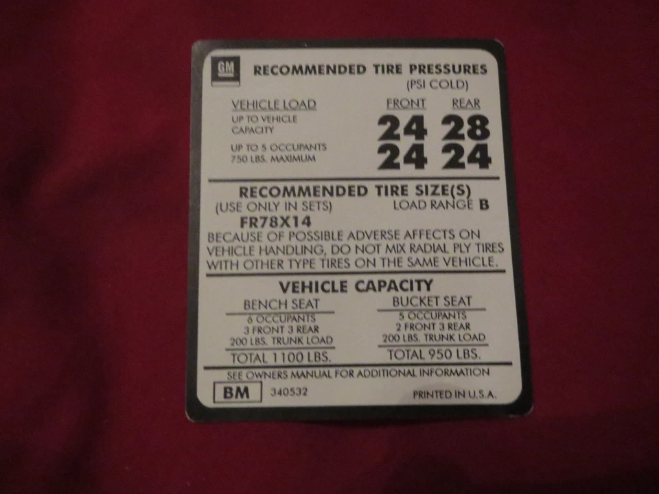 1974 1975 1976 1977 CHEVROLET NOVA FR78x14 TIRE PRESSURE SPEC DECAL "BM" - Image 1 of 1