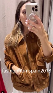 ZARA NEW WOMAN 100% SUEDE BOMBER JACKET WITH POCKETS DARK CAMEL 4341/871/751 - Picture 1 of 6