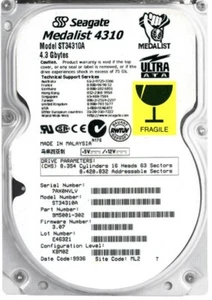 FESTPLATTE SEAGATE MEDALIST 4310 4.3GB 5400U/min PATA IDE ATA ST34310A 3.5" Zoll - Bild 1 von 3