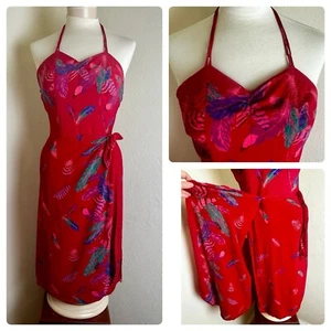 VTG 70's does 50's Red Feather Print Sarong Kleid Tiki Hawaii Pinup Sommerkleid VLV - Bild 1 von 18