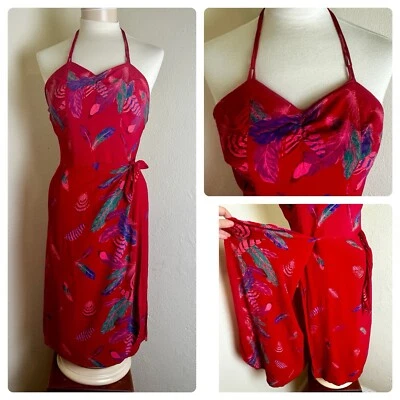 VTG 70's does 50's Red Feather Print Sarong Dress Tiki Hawaii Pinup Sundress VLV - Image 1 of 4