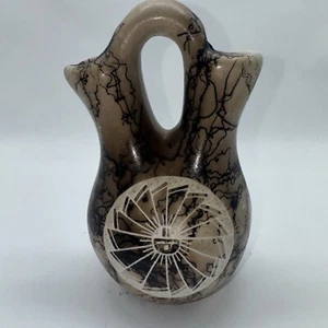 Native American Pottery Horse Hair Signed T Vail Jr. 5" Wedding Vase - Picture 1 of 10