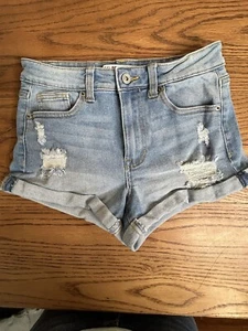 Celebrity Pink Jean Shorts Juniors Size 5 27 Blue Distressed Cuffed Low Rise - Picture 1 of 7