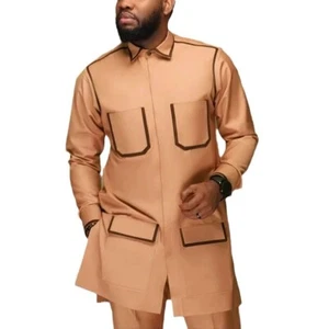 African Ethnic Style Solid Color Mens Casual Suit 2pcs Coats+pants Casual Jacket - Picture 1 of 6