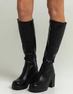 New Women's Stretchy Faux Leather Knee-High Boots Chunky Block Heel Platform Zip - Picture 1 of 9