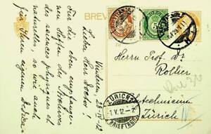 SEPHIL NRWAY 1912 PRE WWI UPRATED POSTAL CARD KRISTIANIA TO ZUERICH SWITZERLAND