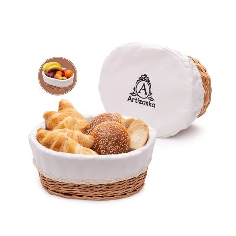 Large Bread Basket for Serving Set - 12x9” Wicker Basket with Removable Liner Cover