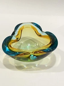 Flavio Poli Seguso Summerso Italian Murano Blown Glass Blue Amber Ashtray Bowl - Picture 1 of 7