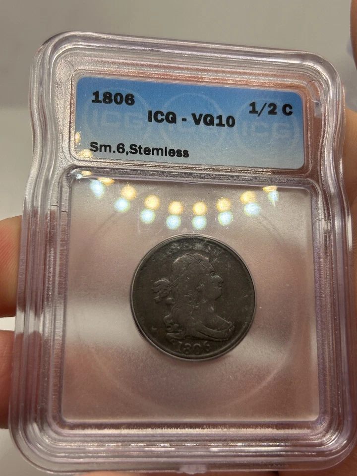 1806 Draped Bust Half Cent 1/2 Small 6 Stemless Older ICG VG-10 Old Copper*** - Image 1 of 4